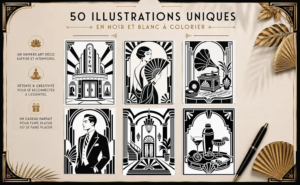 Coloriage Monochrome Art Déco : mise en scène du livre, visuel 2