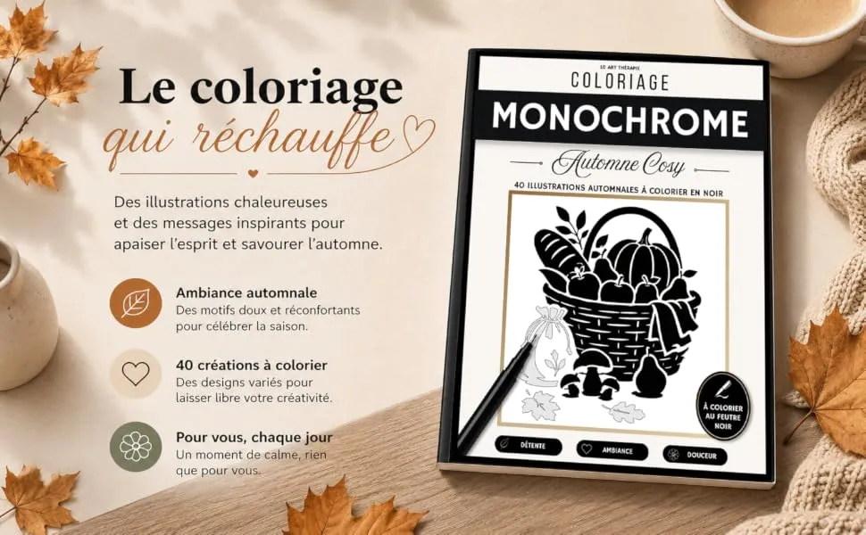 Coloriage Monochrome Automne Cosy : mise en scène du livre, visuel 3