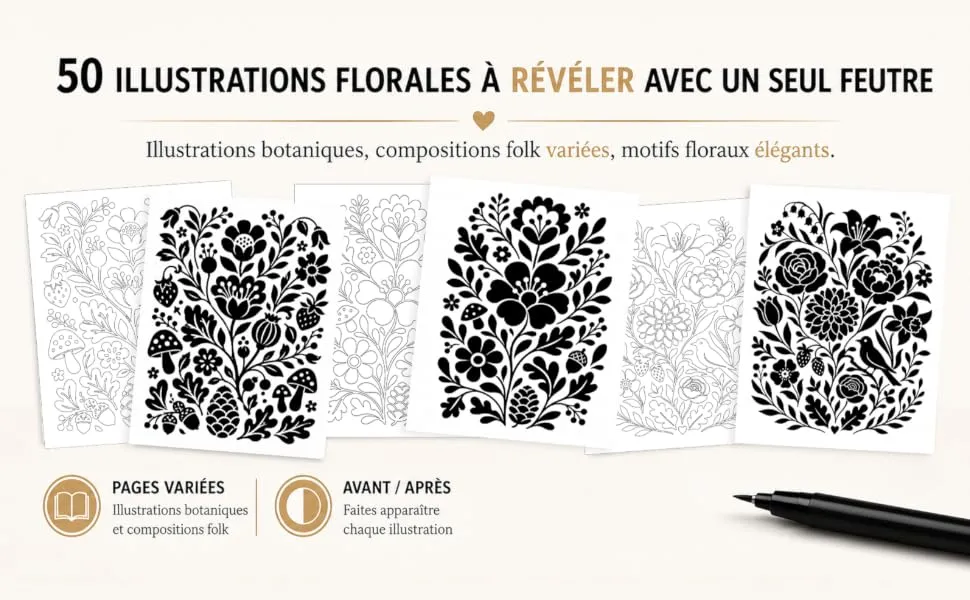 Coloriage Monochrome Floral Folk : mise en scène du livre, visuel 2
