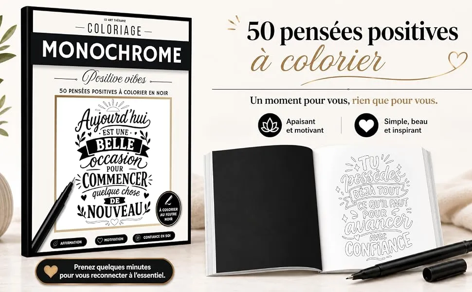 Coloriage Monochrome Positive Vibes : mise en scène du livre, visuel 1