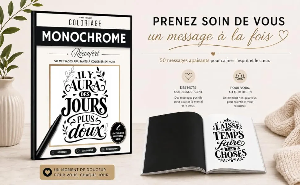 Coloriage Monochrome Réconfort : mise en scène du livre, visuel 1