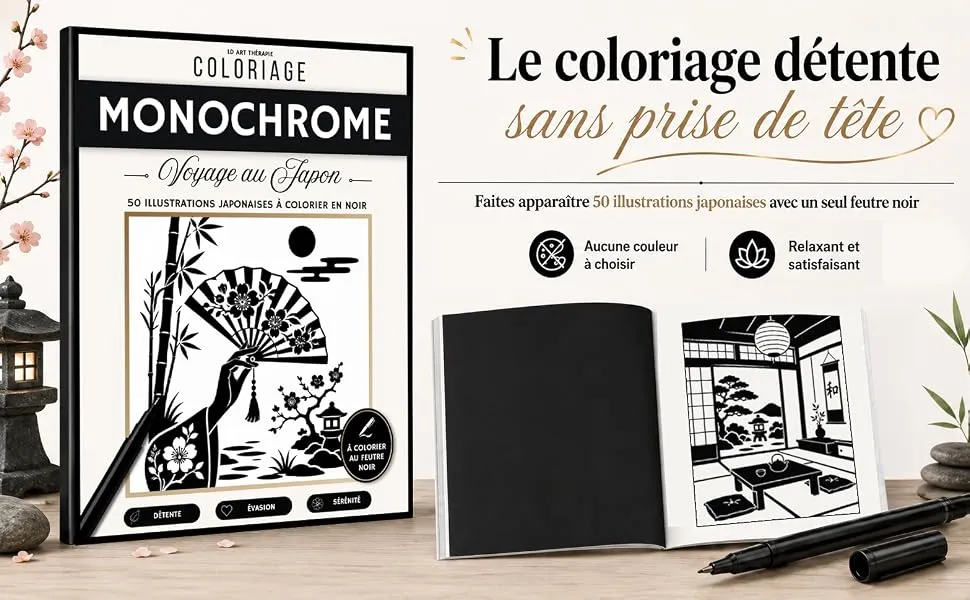 Coloriage Monochrome Voyage au Japon : mise en scène du livre, visuel 1