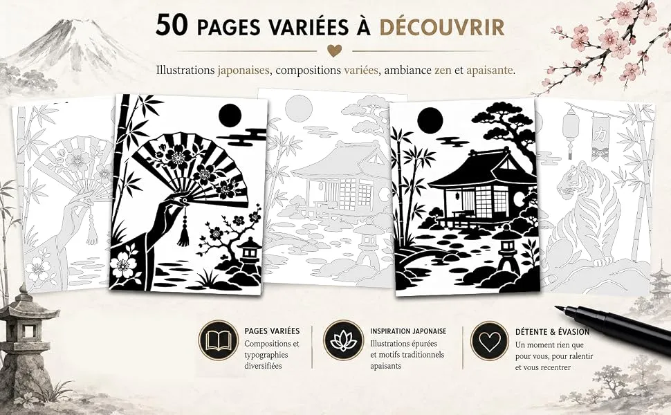 Coloriage Monochrome Voyage au Japon : mise en scène du livre, visuel 2